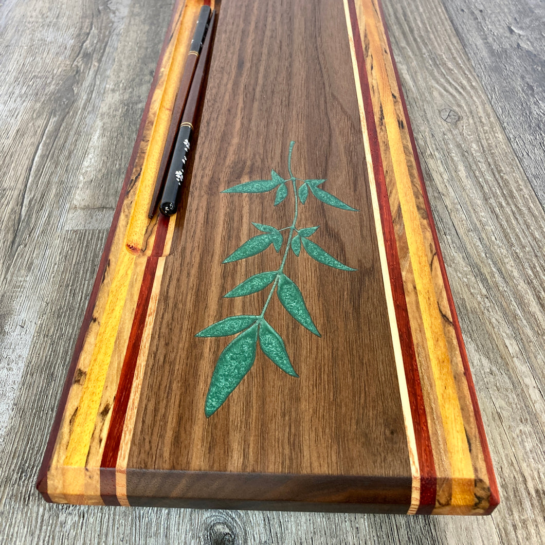 Hardwood Sushi Board With Bamboo Leaf Inlay