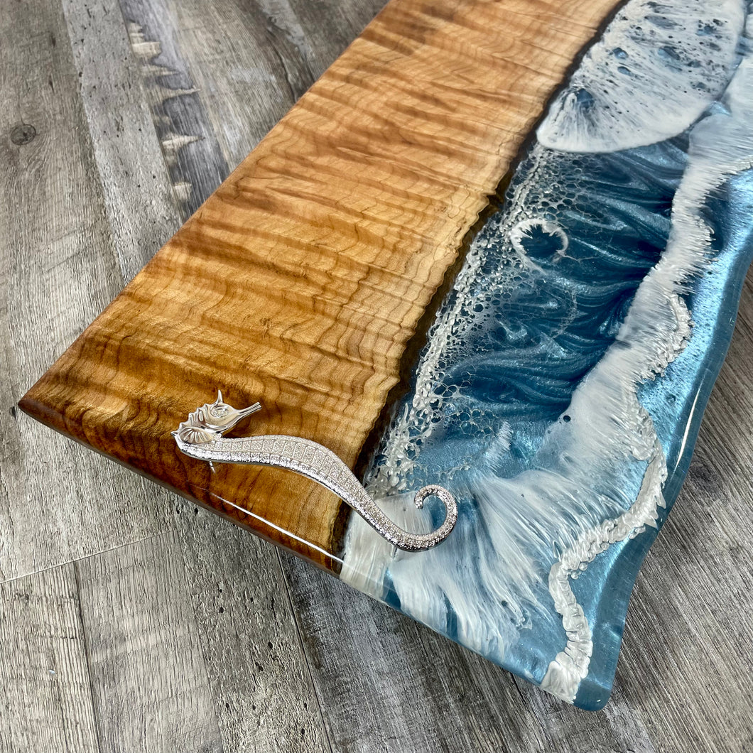 Ocean Cliffs Serving Tray with Flamed/Curly Maple and Seahorse Handles
